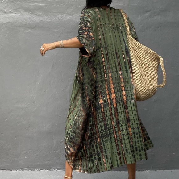 Olive Green Tie Dye Boho Swim Coverup Kimono Robe - Picture 4 of 6